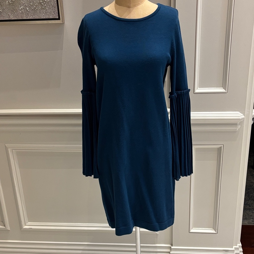 CeCe  knit Teal Long Sleeve Dress with Pleated bell bottom sleeves